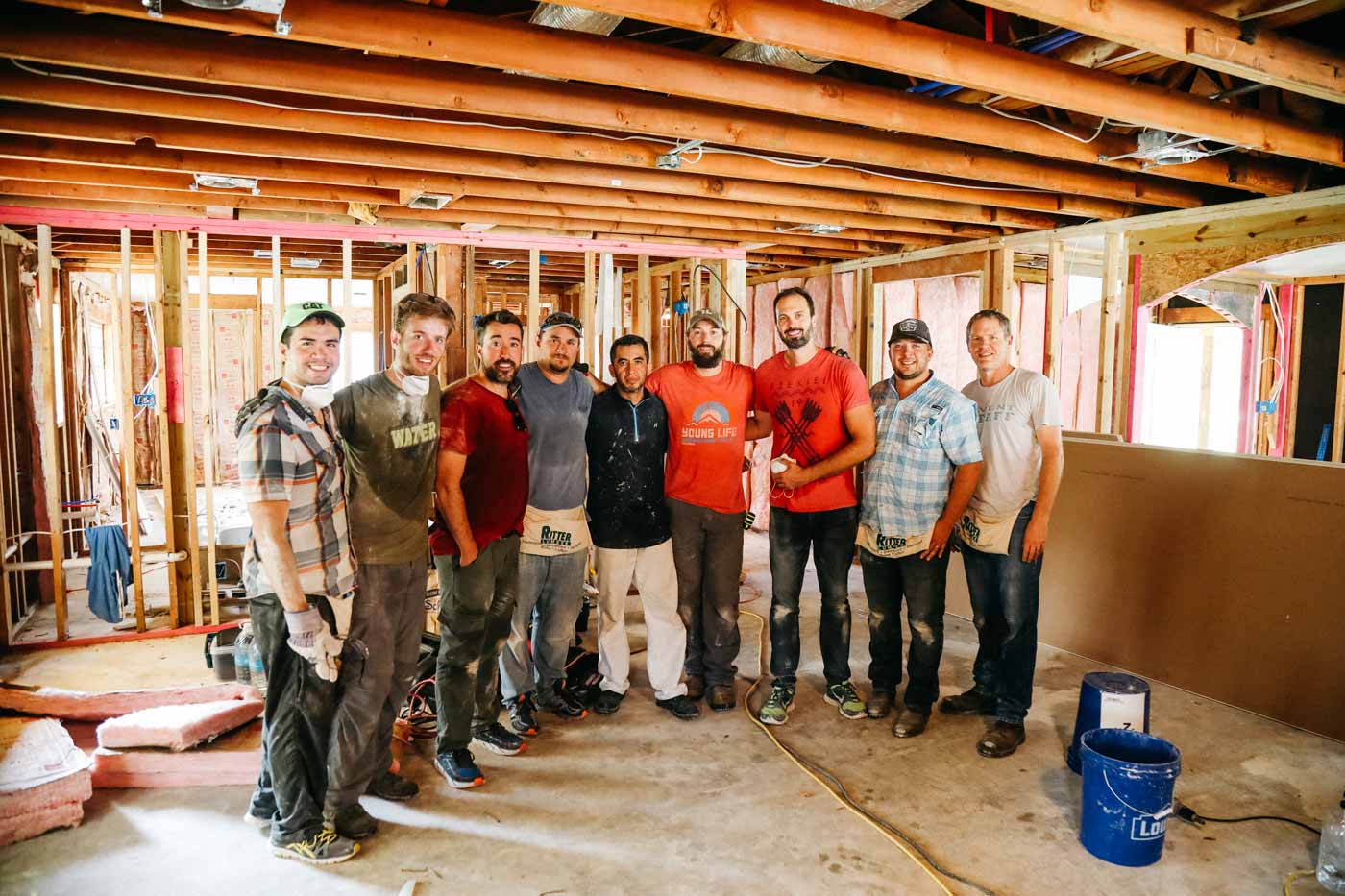 The first Fellowship Harvey relief team - David, Bobby, Ryan, James, Agustin, Josh (Local Homeowner), Derek, Jarrod, William